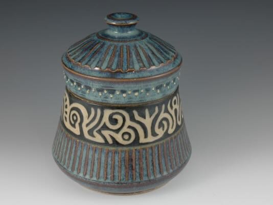'Carved Stoneware Cookie Jar by Douglas Bechler